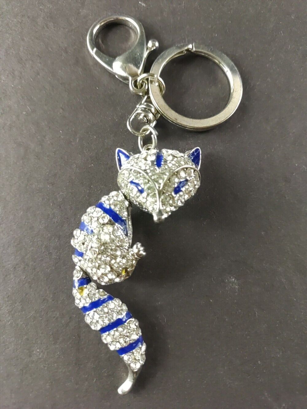 Fox Royal Blue And White Rhinestone Articulated Head Keychain Purse Clip Charm